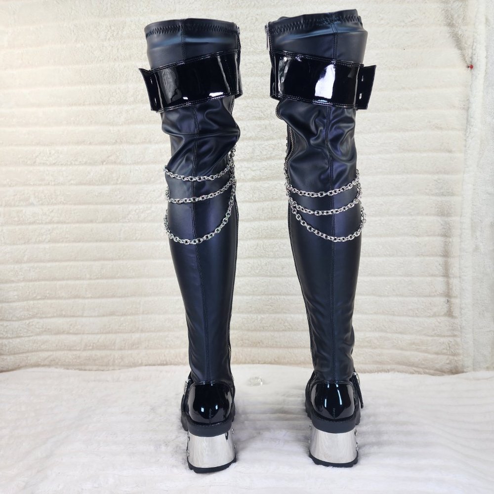 Bratty Big Buckle Strap Drape Chain Block Heel Stretch Thigh Goth Boots - Picture 10 of 15
